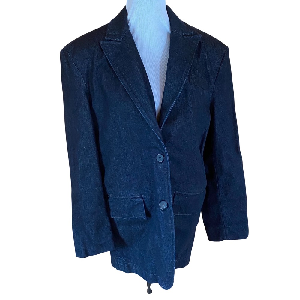 Zara Dark Wash Denim Blazer Jacket Indigo Blue Cotton Size XS Small Oversized